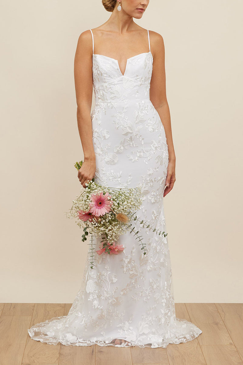 K1664 - V-Neck Spaghetti Straps Sleeveless Lace Tulle Mermaid Long Wedding Dress