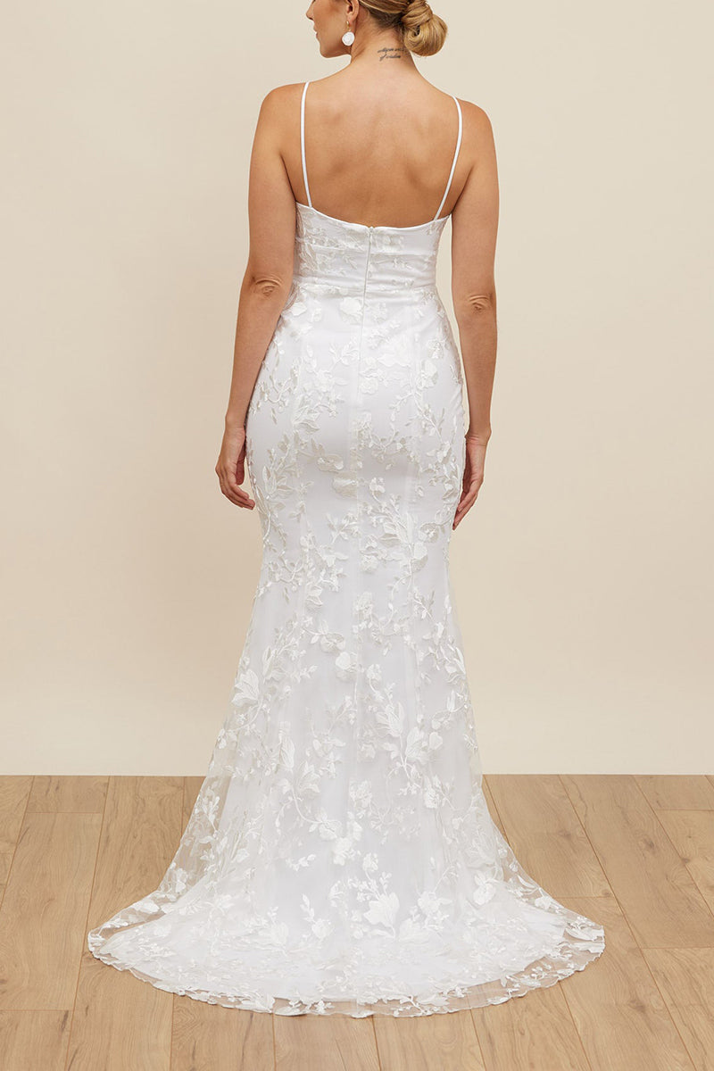 K1664 - V-Neck Spaghetti Straps Sleeveless Lace Tulle Mermaid Long Wedding Dress