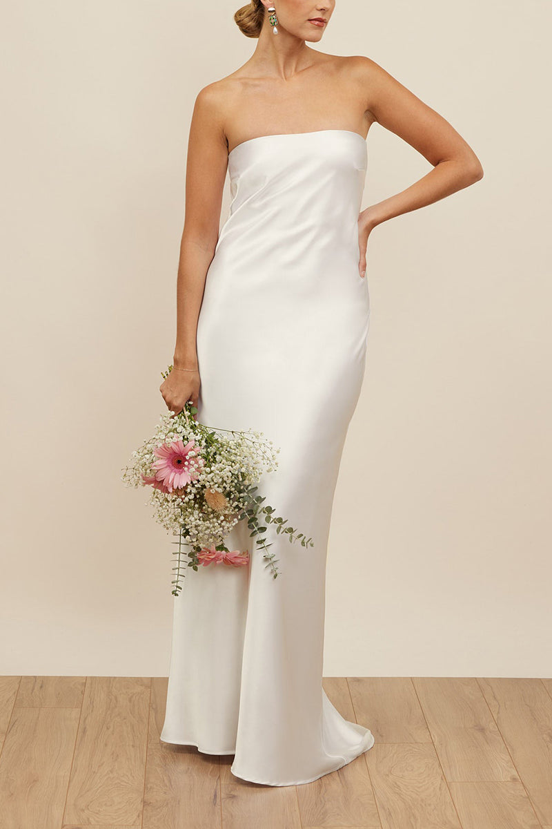 K1665 - Simple Strapless Sleeveless Cut Outs Satin Sheath Long Wedding Dress