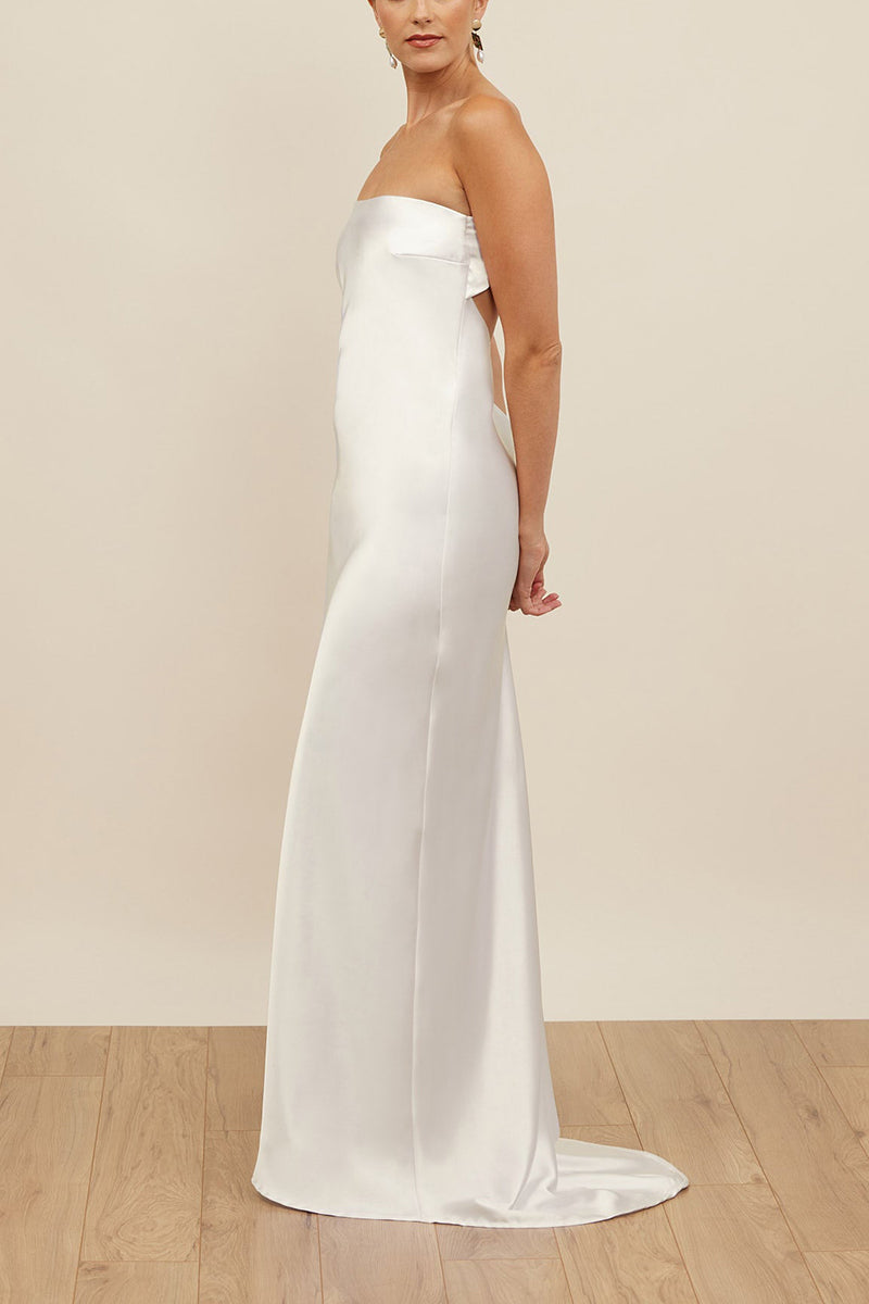 K1665 - Simple Strapless Sleeveless Cut Outs Satin Sheath Long Wedding Dress