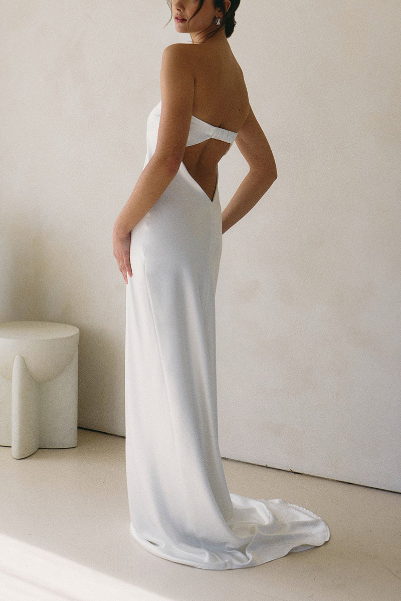 K1665 - Simple Strapless Sleeveless Cut Outs Satin Sheath Long Wedding Dress