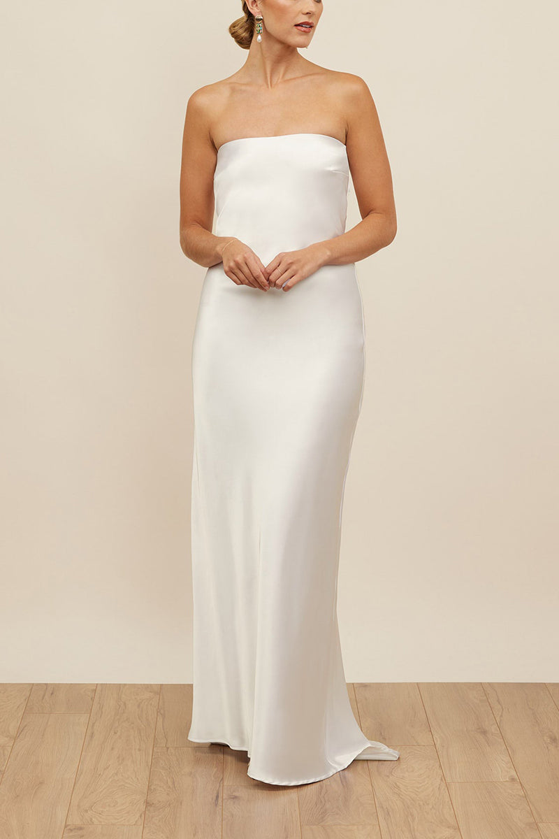 K1665 - Simple Strapless Sleeveless Cut Outs Satin Sheath Long Wedding Dress