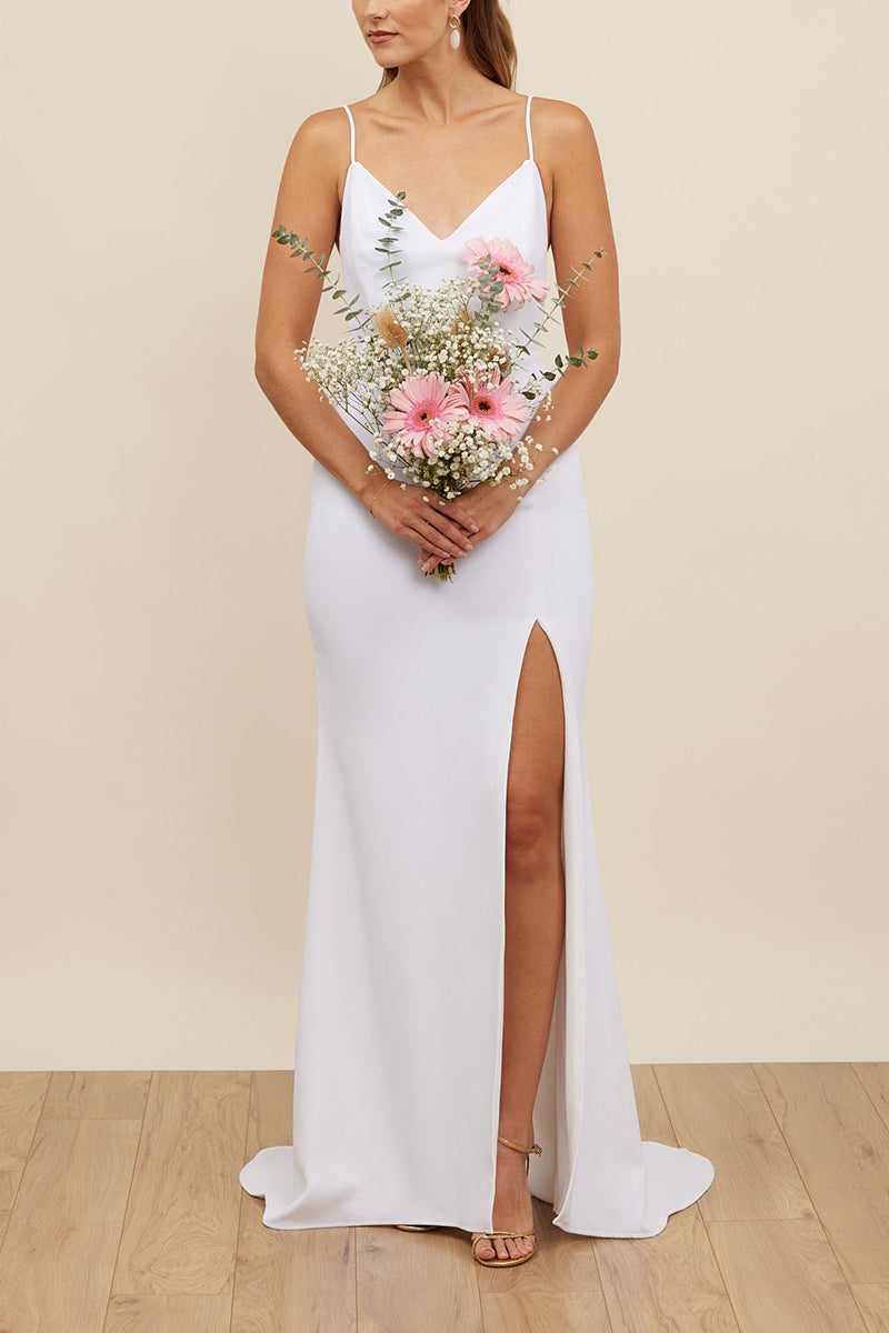 K1666 - V-Neck Spaghetti Straps Lace Satin Sheath Long Wedding Dress With Slit