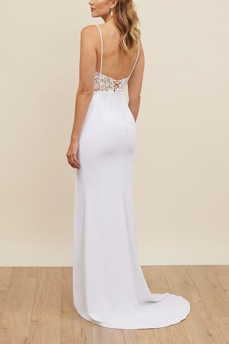 K1666 - V-Neck Spaghetti Straps Lace Satin Sheath Long Wedding Dress With Slit