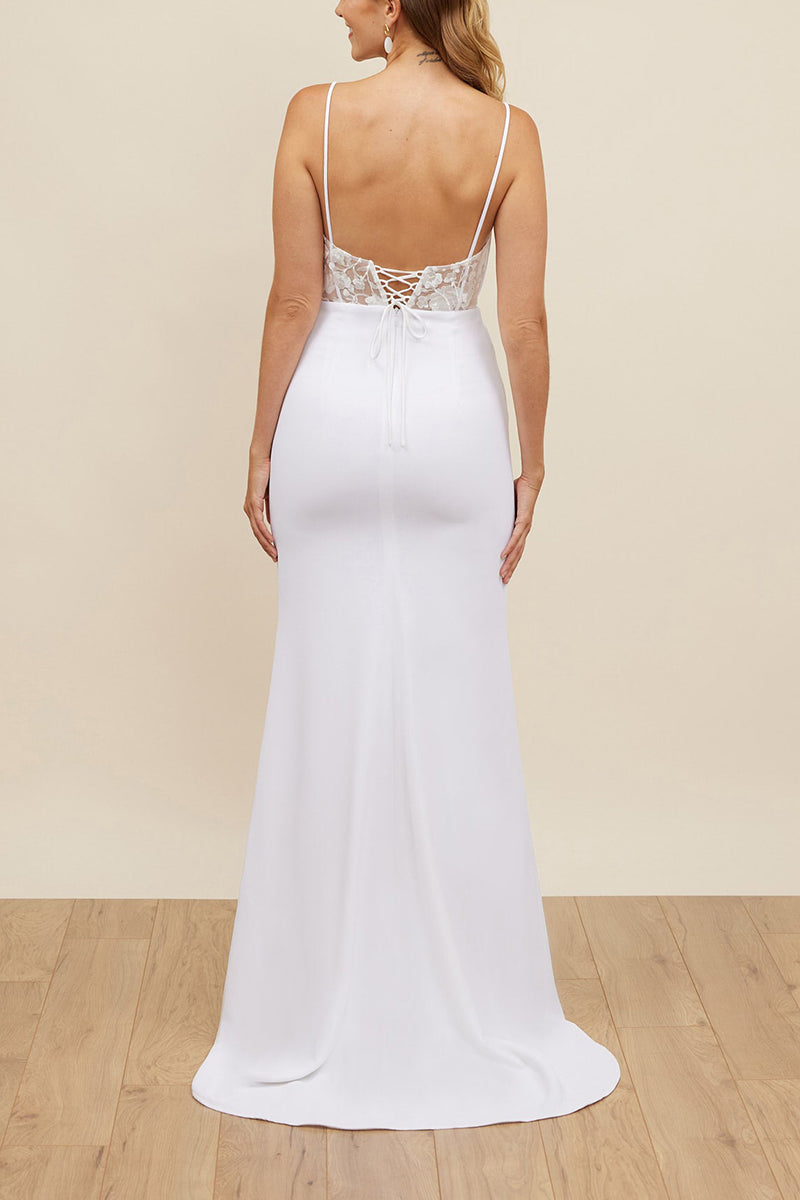 K1666 - V-Neck Spaghetti Straps Lace Satin Sheath Long Wedding Dress With Slit