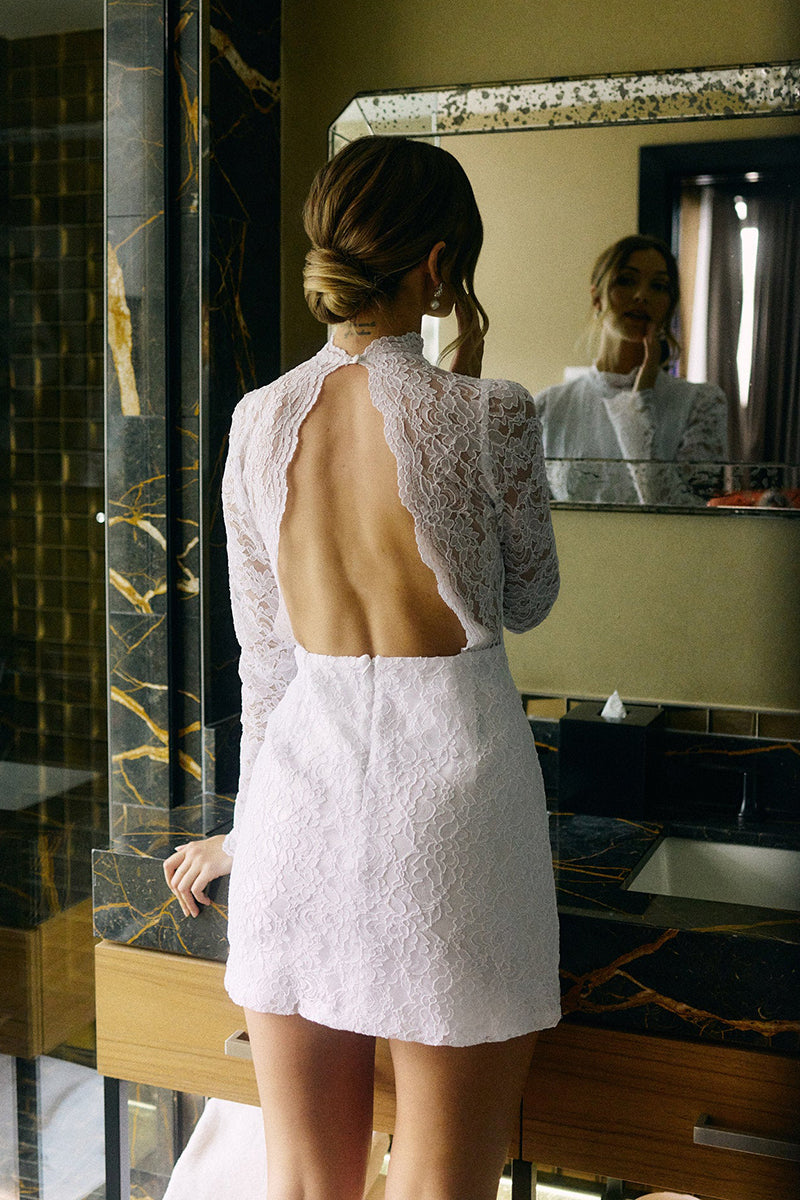 K1667 - High Neck Long Sleeves Backless Lace Sheath Mini Wedding Dress