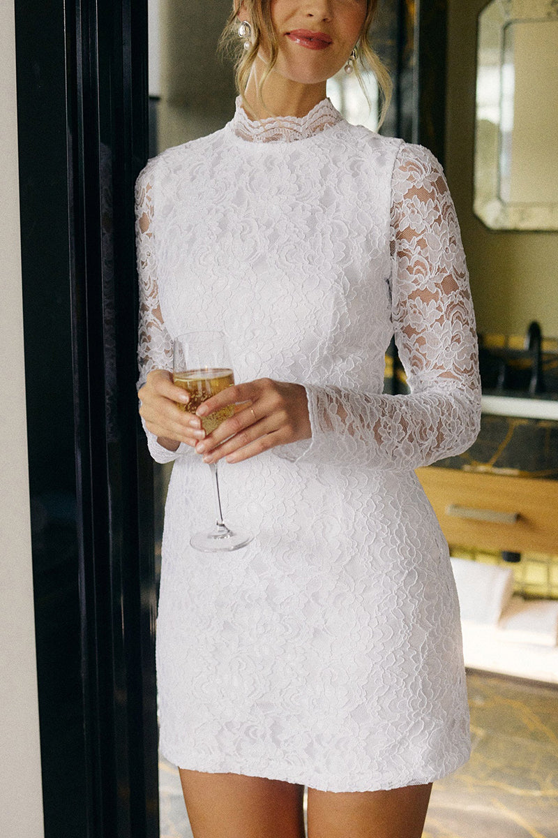 K1667 - High Neck Long Sleeves Backless Lace Sheath Mini Wedding Dress