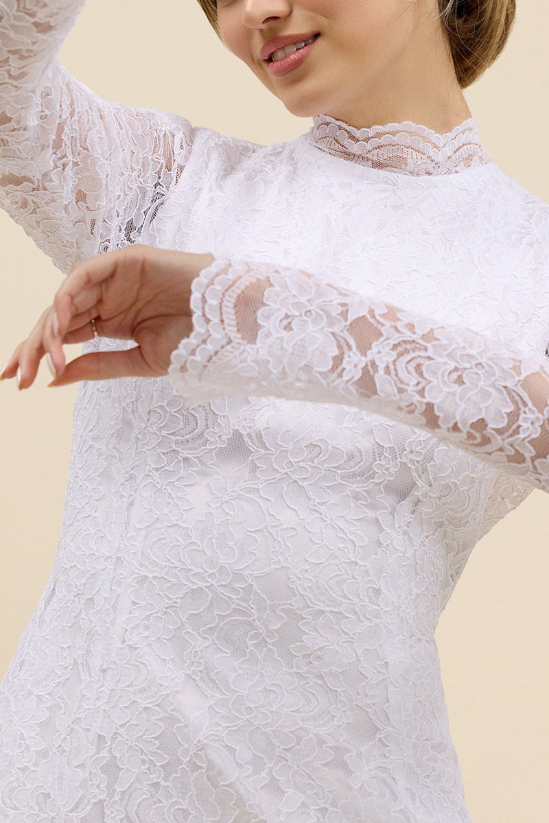 K1667 - High Neck Long Sleeves Backless Lace Sheath Mini Wedding Dress