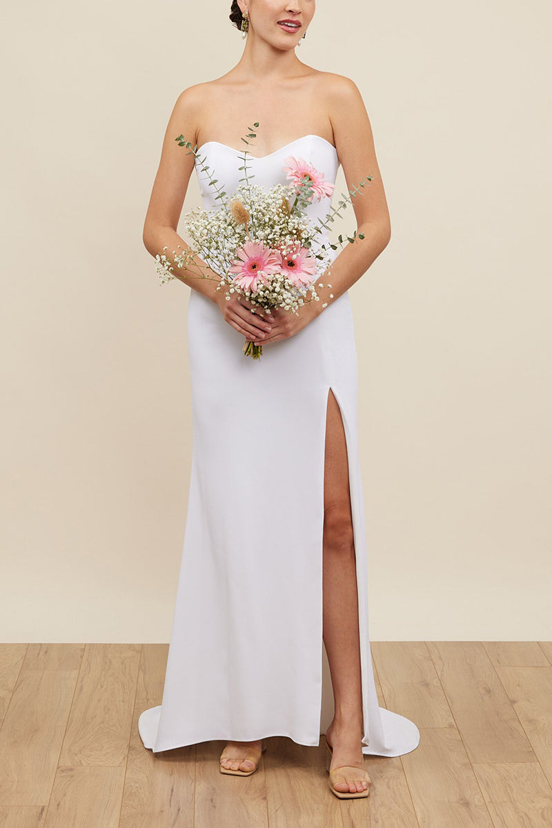 K1668 - Simple V-Neck Strapless Sleeveless Satin Sheath Long Wedding Dress