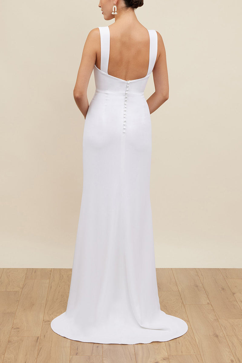 K1669 - Simple Square Neck Sleeveless Satin Sheath Long Wedding Dress With Slit