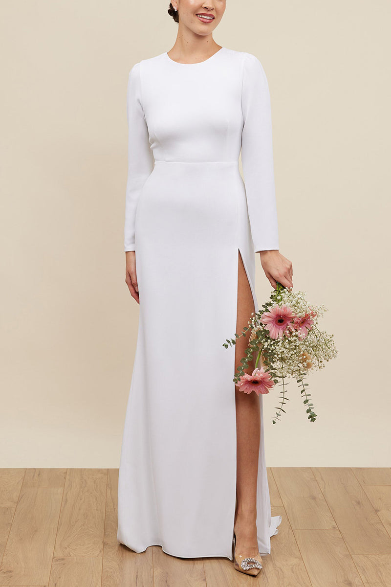 K1670 - Simple Scoop Long Sleeves Thigh Slit Satin Long Wedding Dress With Bow