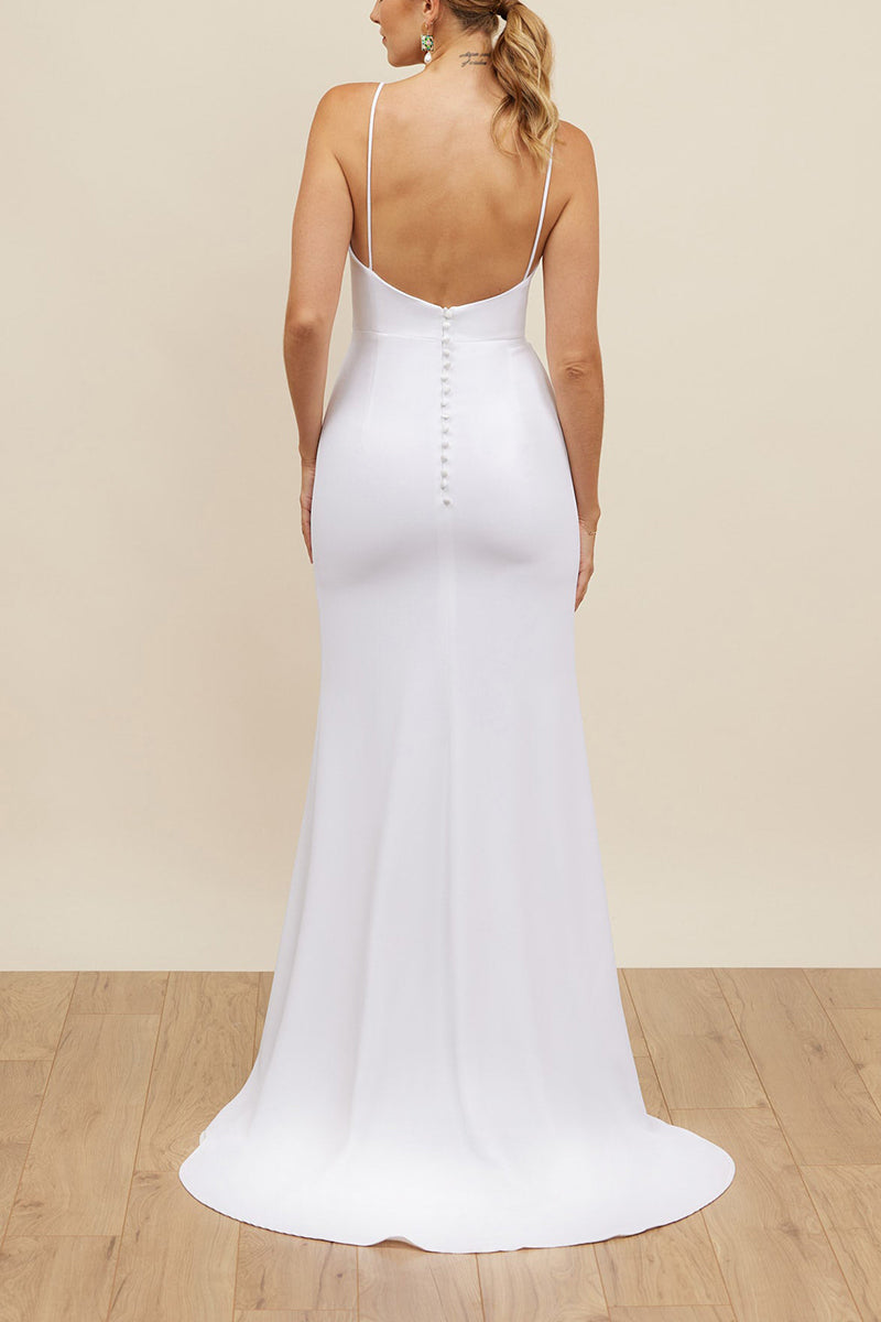 K1671 - Simple Spaghetti Straps Sleeveless Satin Sheath Long Wedding Dress