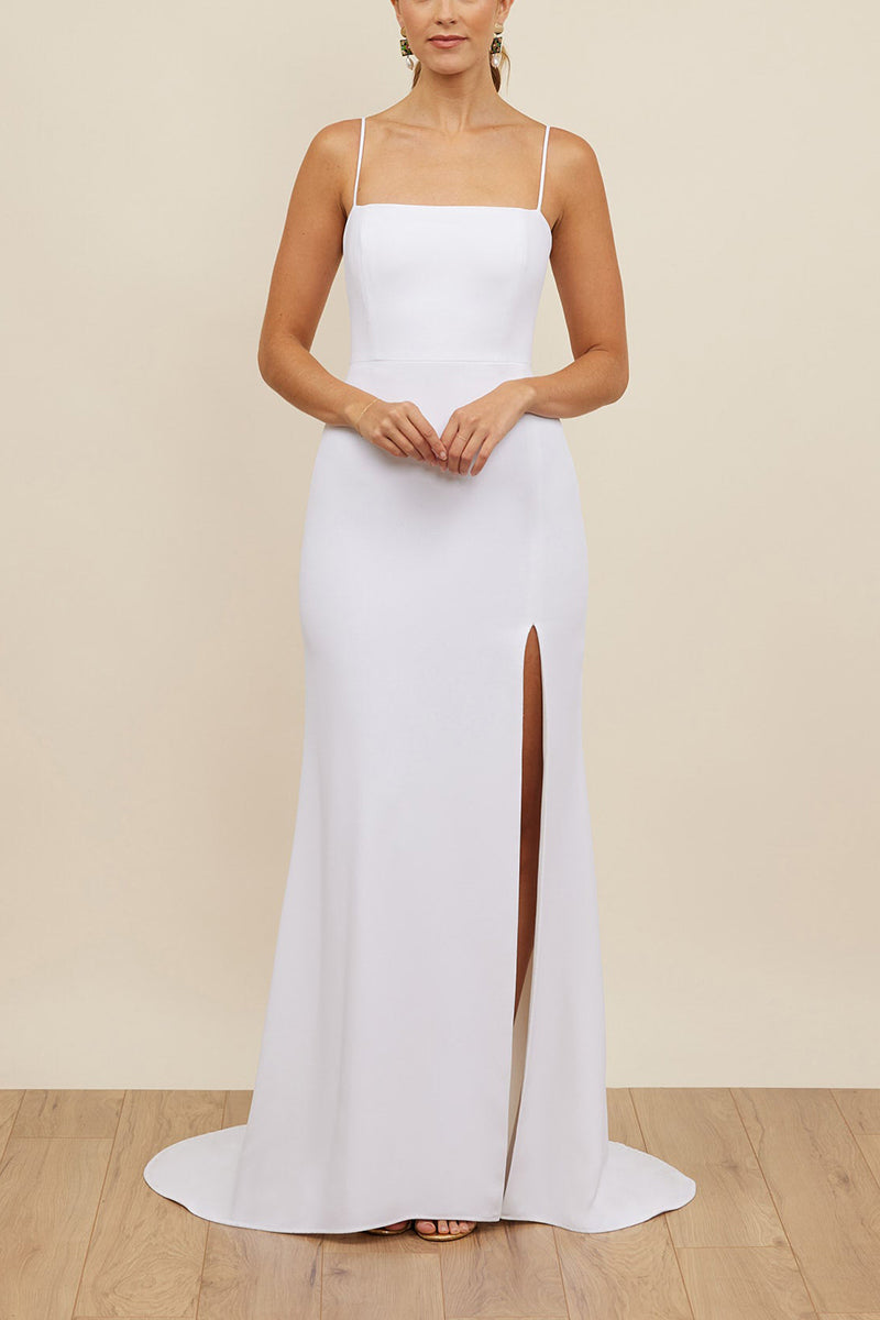 K1671 - Simple Spaghetti Straps Sleeveless Satin Sheath Long Wedding Dress