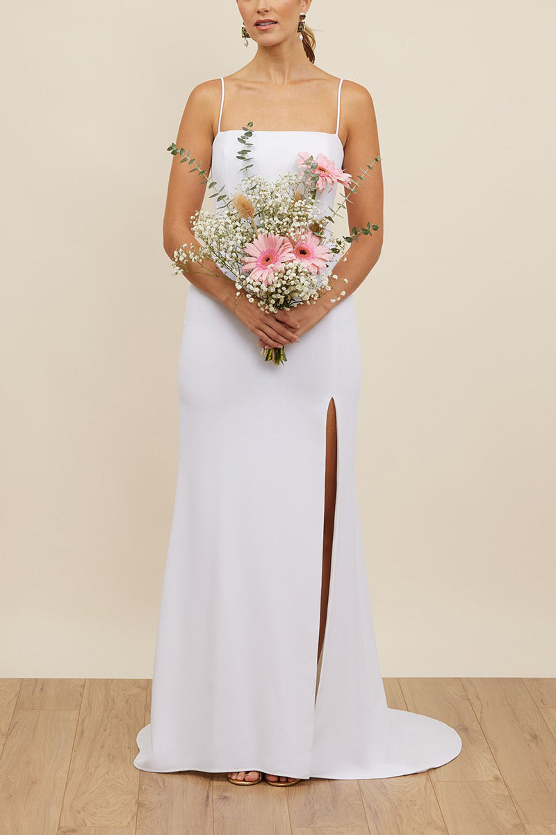 K1671 - Simple Spaghetti Straps Sleeveless Satin Sheath Long Wedding Dress