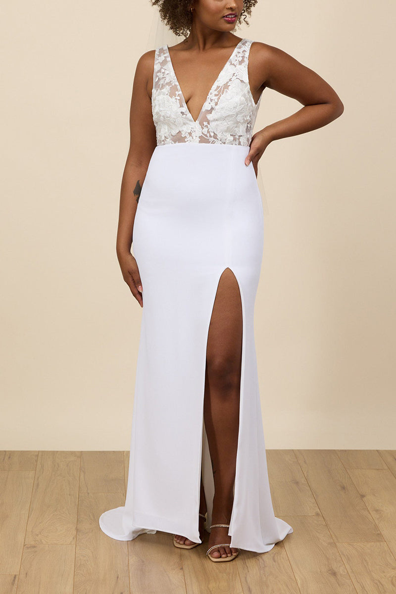 K1674 - Low V-Neck Sleeveless Sheer Lace Satin Sheath Long Wedding Dress With Slit