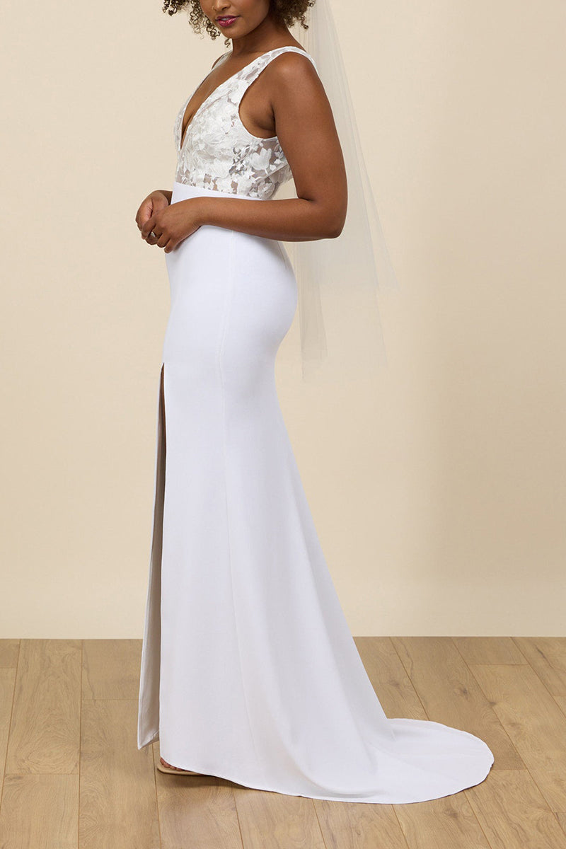 K1674 - Low V-Neck Sleeveless Sheer Lace Satin Sheath Long Wedding Dress With Slit