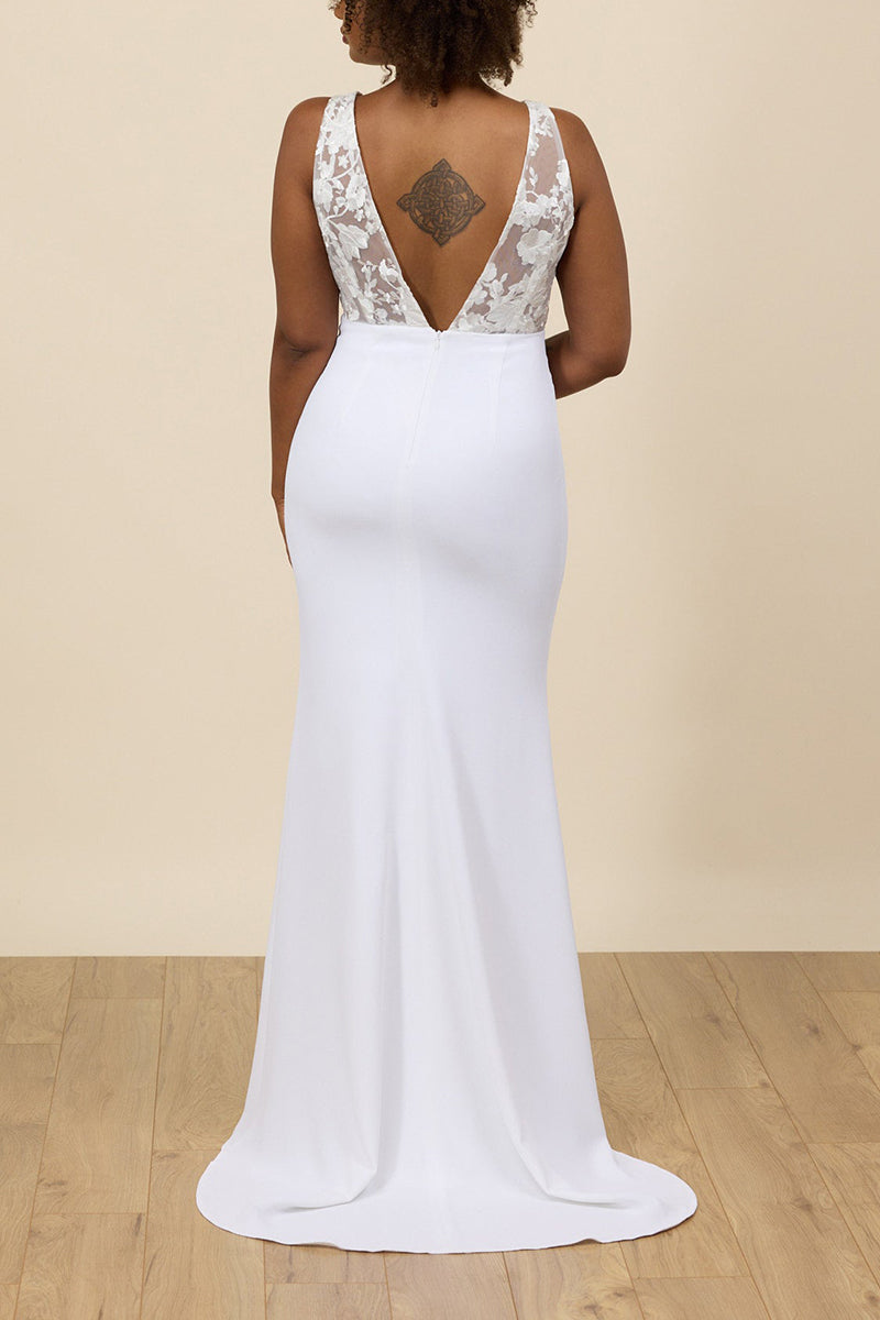 K1674 - Low V-Neck Sleeveless Sheer Lace Satin Sheath Long Wedding Dress With Slit