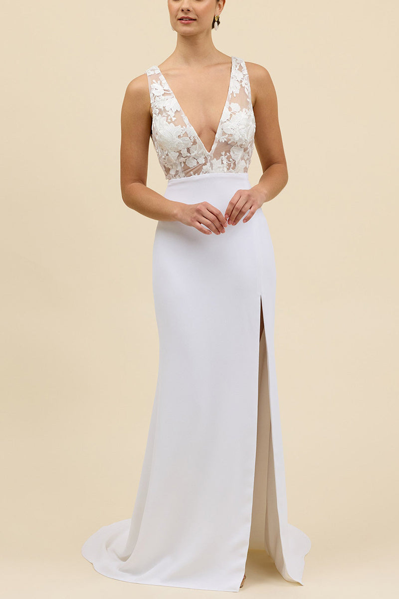 K1674 - Low V-Neck Sleeveless Sheer Lace Satin Sheath Long Wedding Dress With Slit