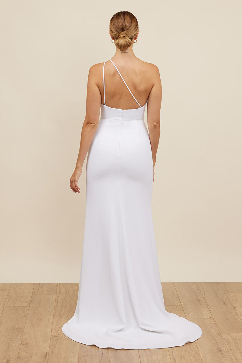 K1675 - One Shoulder Spaghetti Straps Satin Sheath Long Wedding Dress With Slit