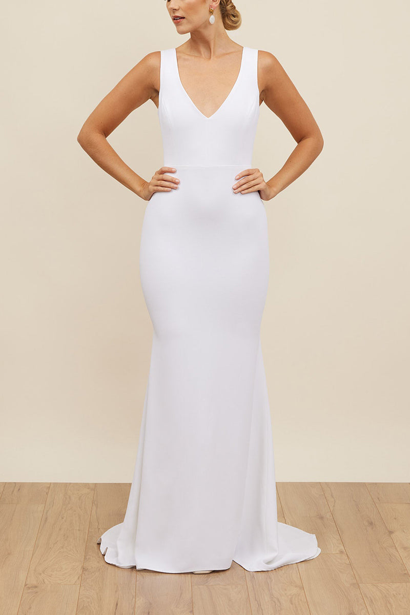 K1676 - Simple V-Neck Sleeveless Sheer Lace Satin Sheath Long Wedding Dress