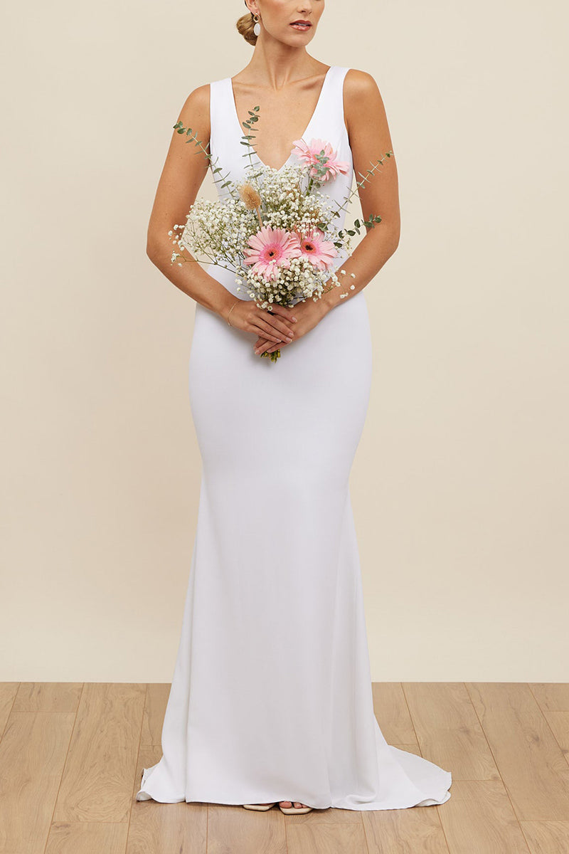 K1676 - Simple V-Neck Sleeveless Sheer Lace Satin Sheath Long Wedding Dress