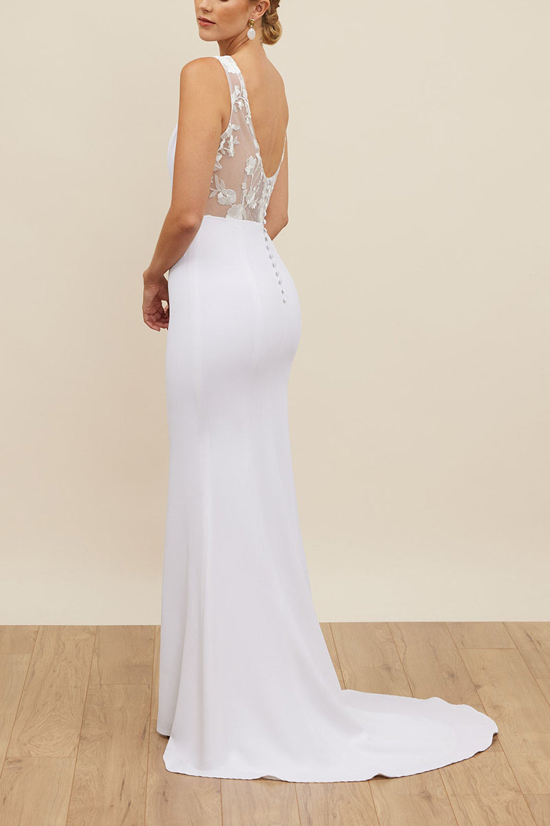 K1676 - Simple V-Neck Sleeveless Sheer Lace Satin Sheath Long Wedding Dress