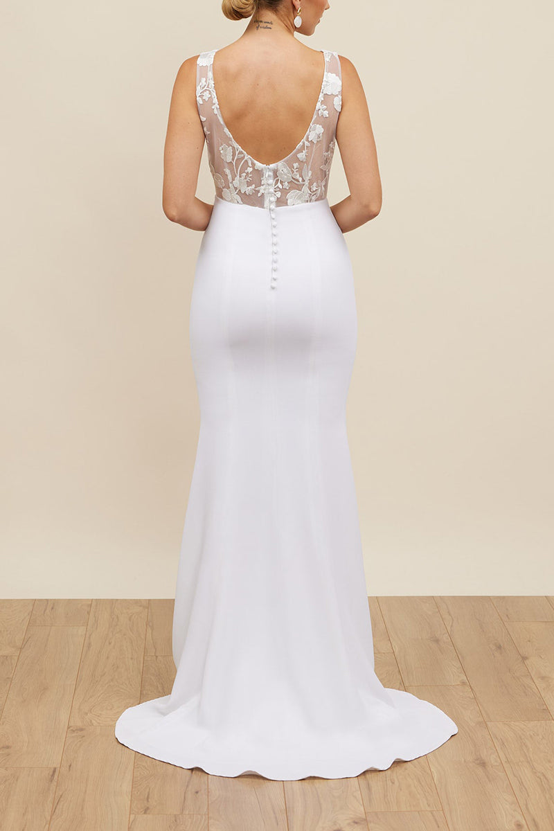 K1676 - Simple V-Neck Sleeveless Sheer Lace Satin Sheath Long Wedding Dress