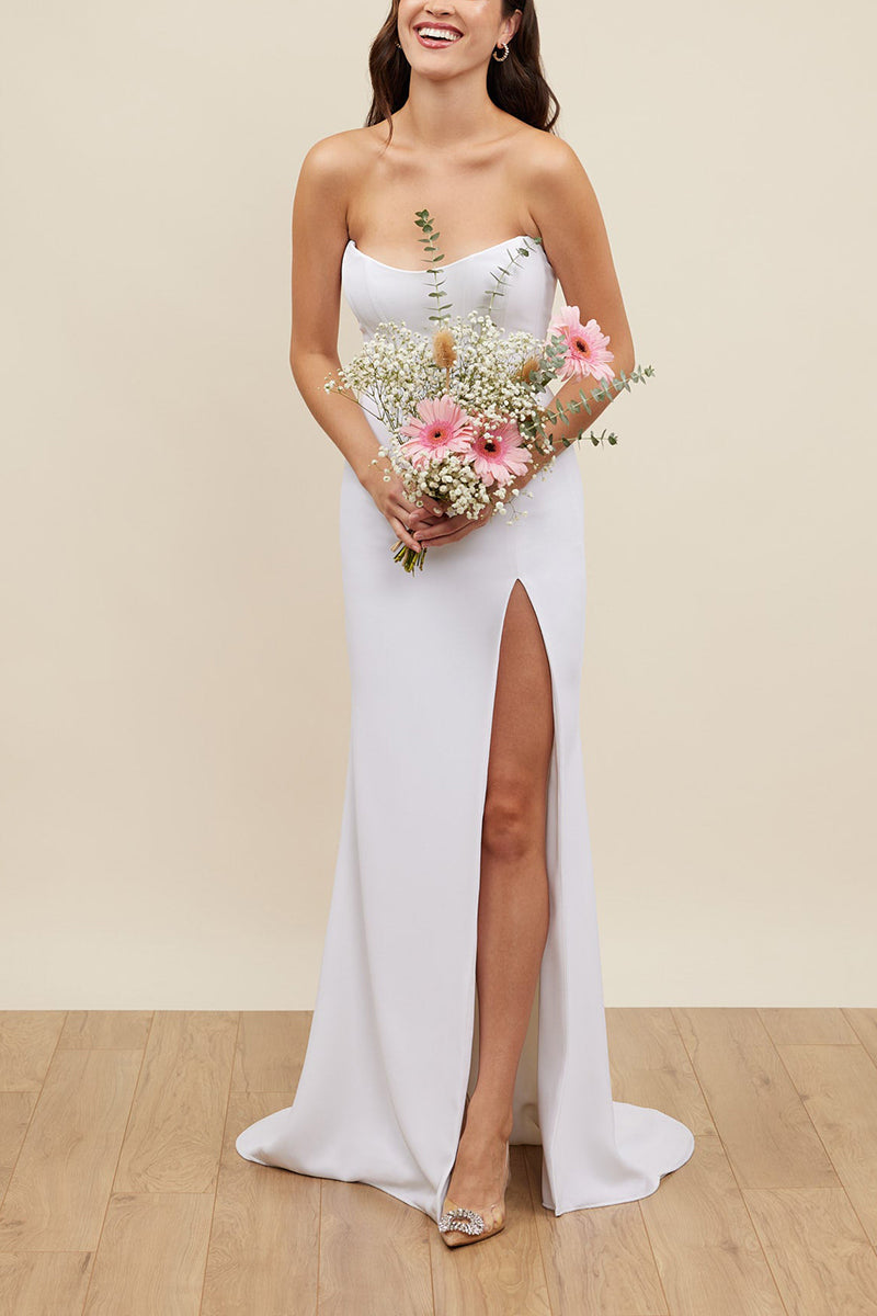 K1677 - Simple Strapless Sleeveless Satin Sheath Long Wedding Dress With Slit