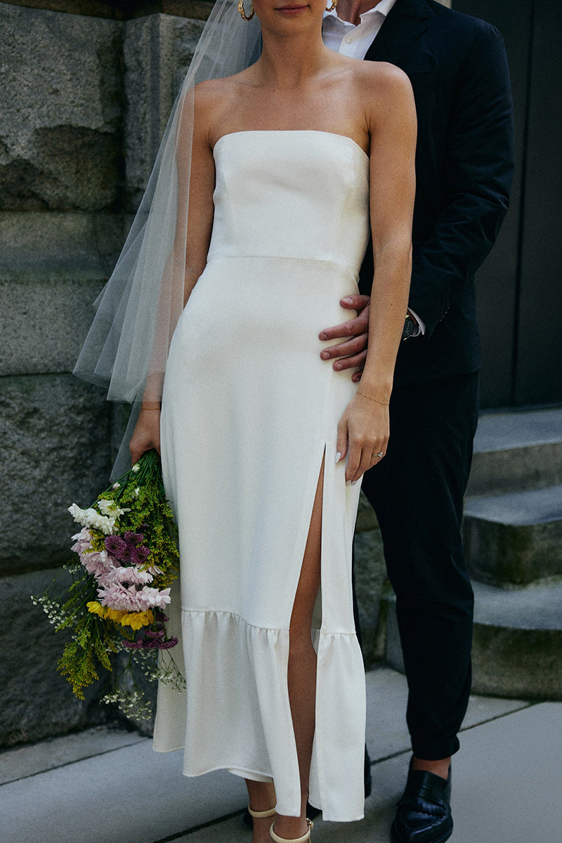 K1678 - Simple Strapless Sleeveless Satin Sheath Midi Wedding Dress With Slit