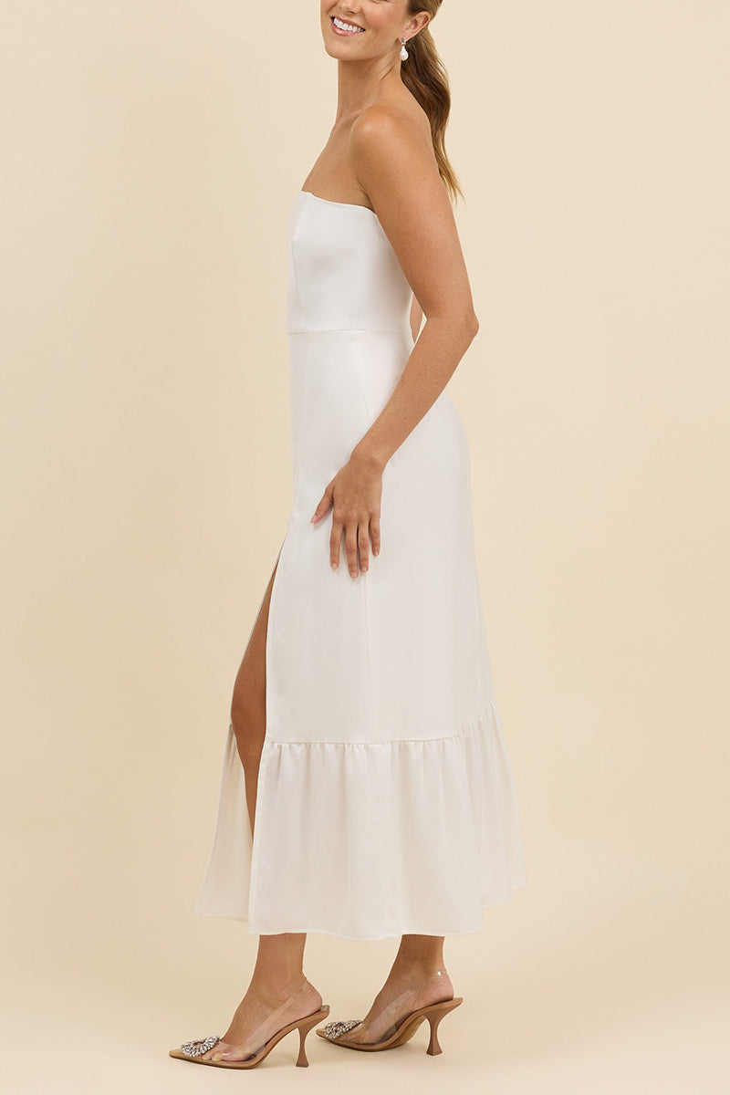 K1678 - Simple Strapless Sleeveless Satin Sheath Midi Wedding Dress With Slit