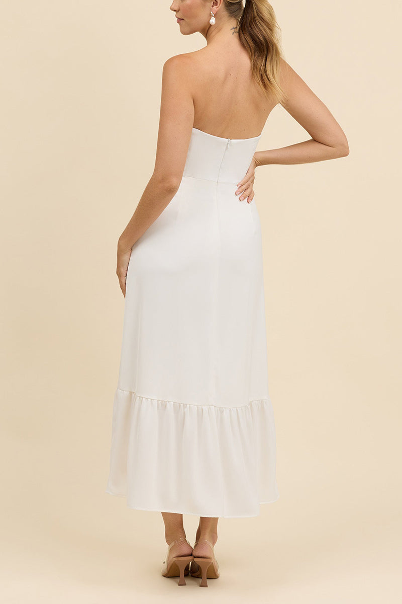 K1678 - Simple Strapless Sleeveless Satin Sheath Midi Wedding Dress With Slit