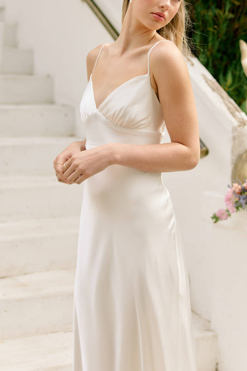 K1679 - Simple V-Neck Spaghetti Straps Sleeveless Satin A-Line Long Wedding Dress