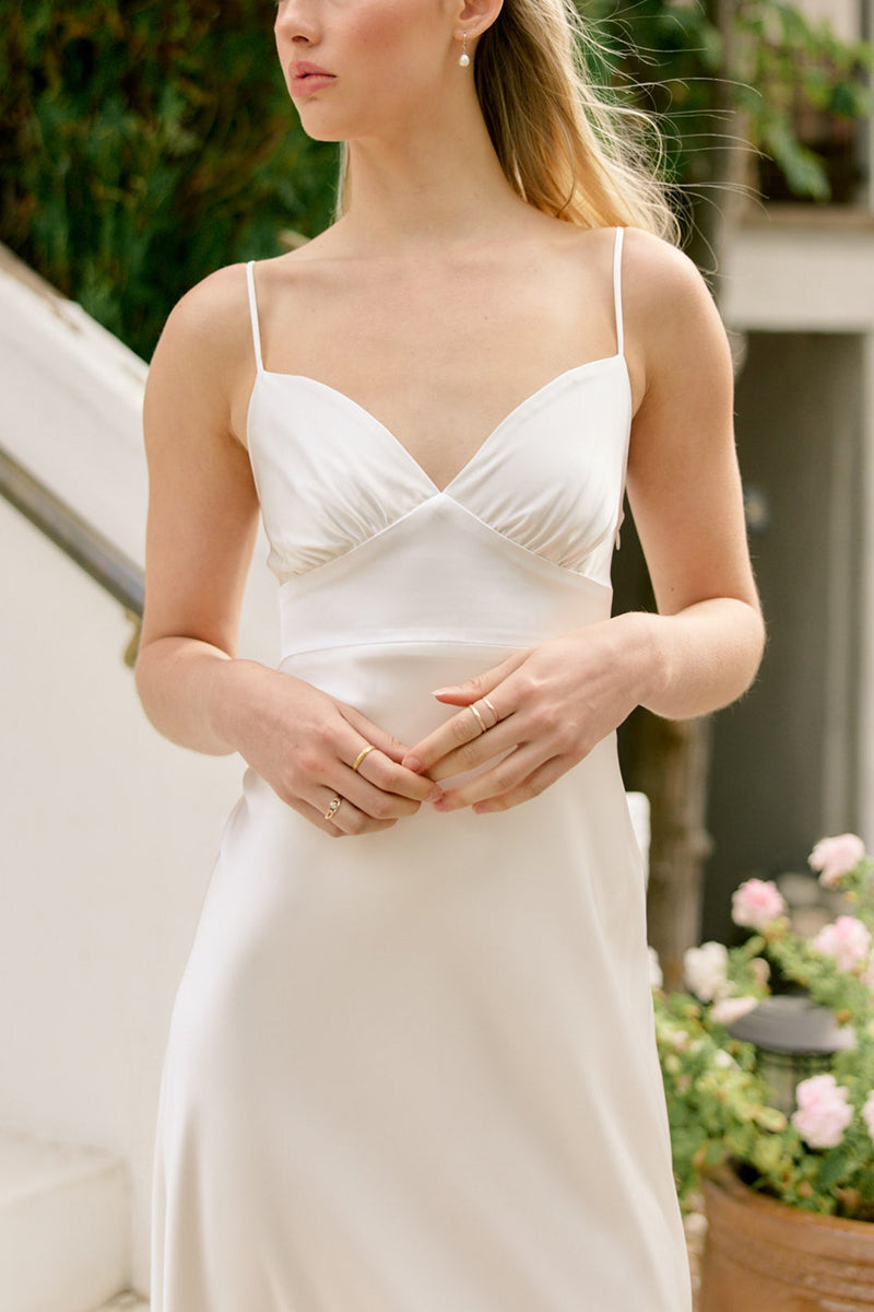 K1679 - Simple V-Neck Spaghetti Straps Sleeveless Satin A-Line Long Wedding Dress