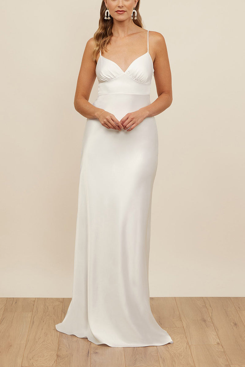 K1679 - Simple V-Neck Spaghetti Straps Sleeveless Satin A-Line Long Wedding Dress