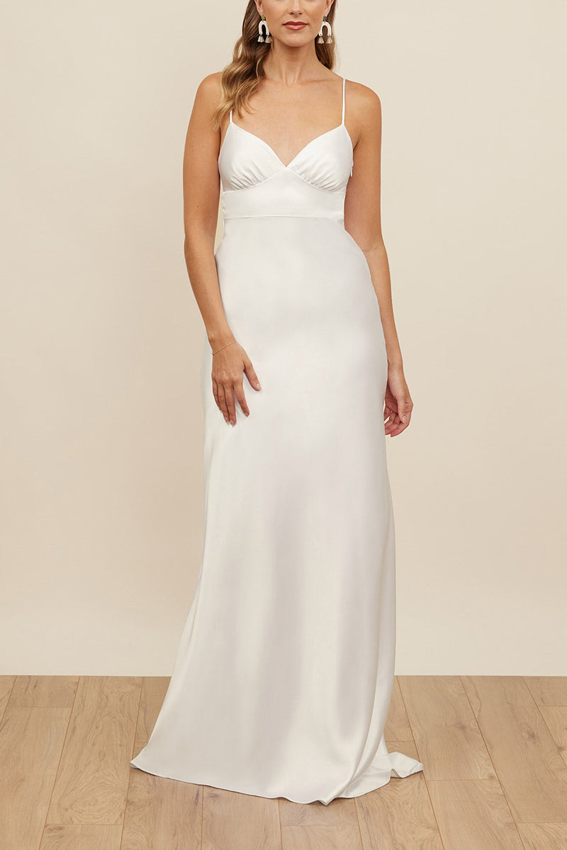 K1679 - Simple V-Neck Spaghetti Straps Sleeveless Satin A-Line Long Wedding Dress