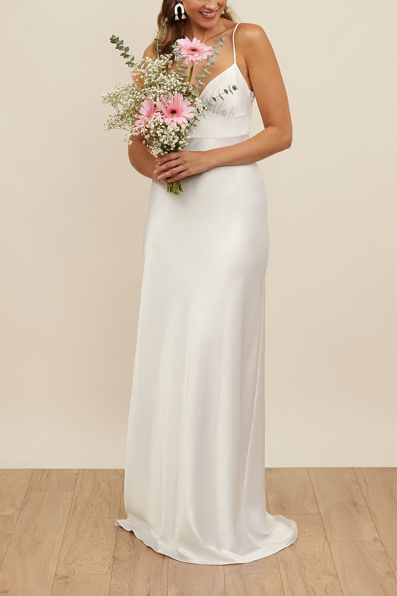 K1679 - Simple V-Neck Spaghetti Straps Sleeveless Satin A-Line Long Wedding Dress