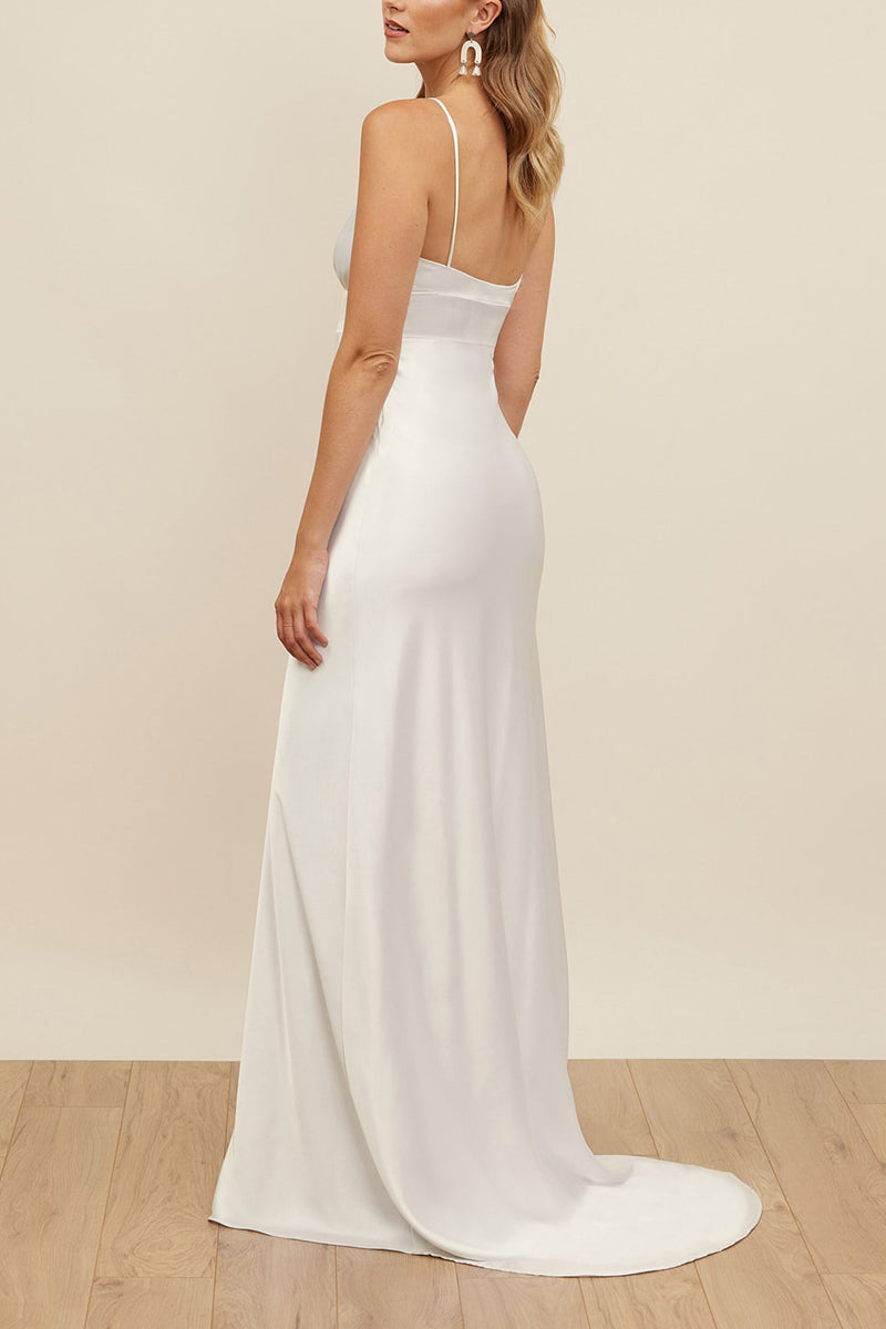 K1679 - Simple V-Neck Spaghetti Straps Sleeveless Satin A-Line Long Wedding Dress