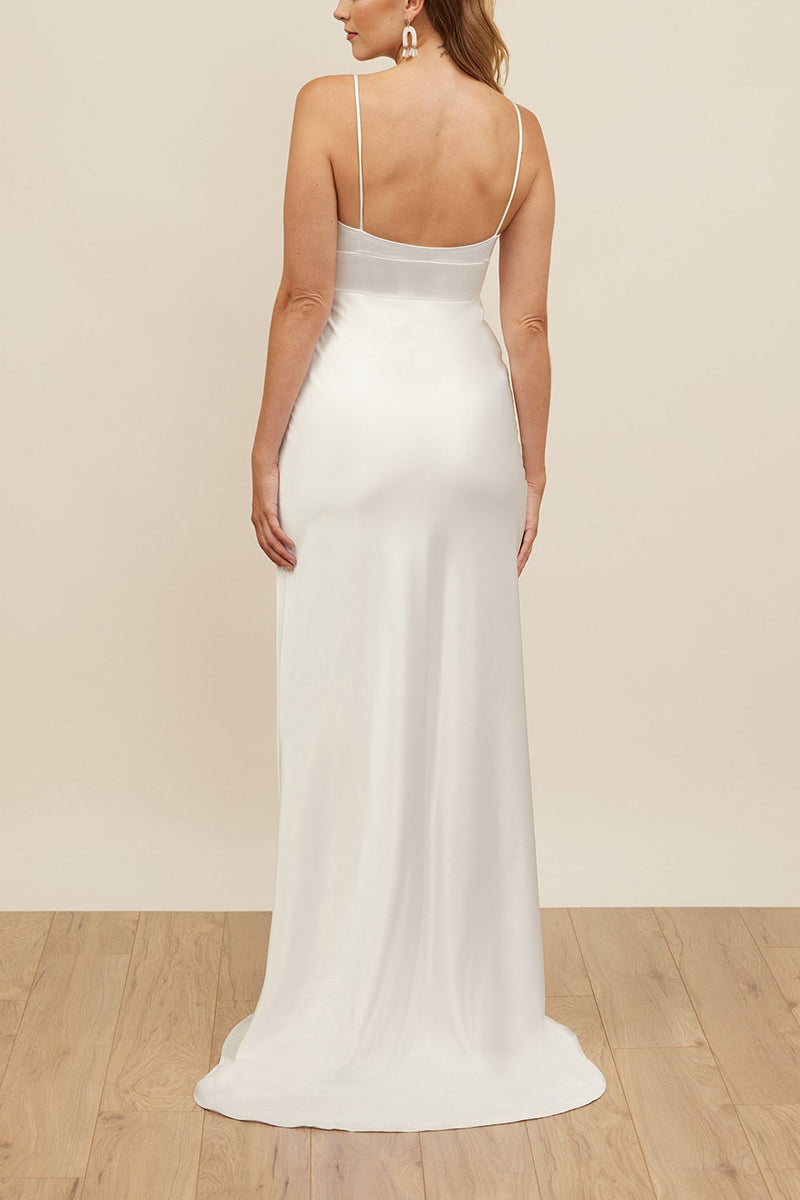 K1679 - Simple V-Neck Spaghetti Straps Sleeveless Satin A-Line Long Wedding Dress