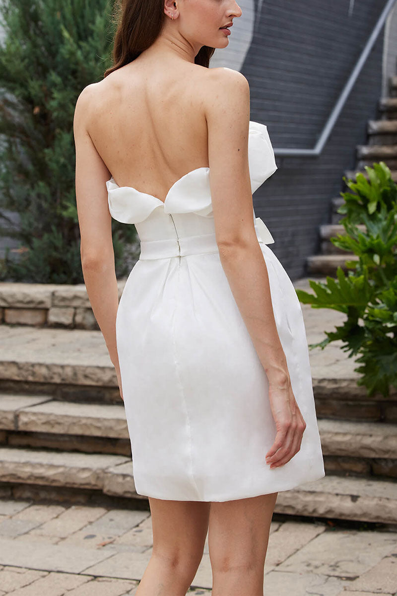 K1683 - Strapless Sleeveless Ruched Satin Sheath Mini Wedding Dress With Bow