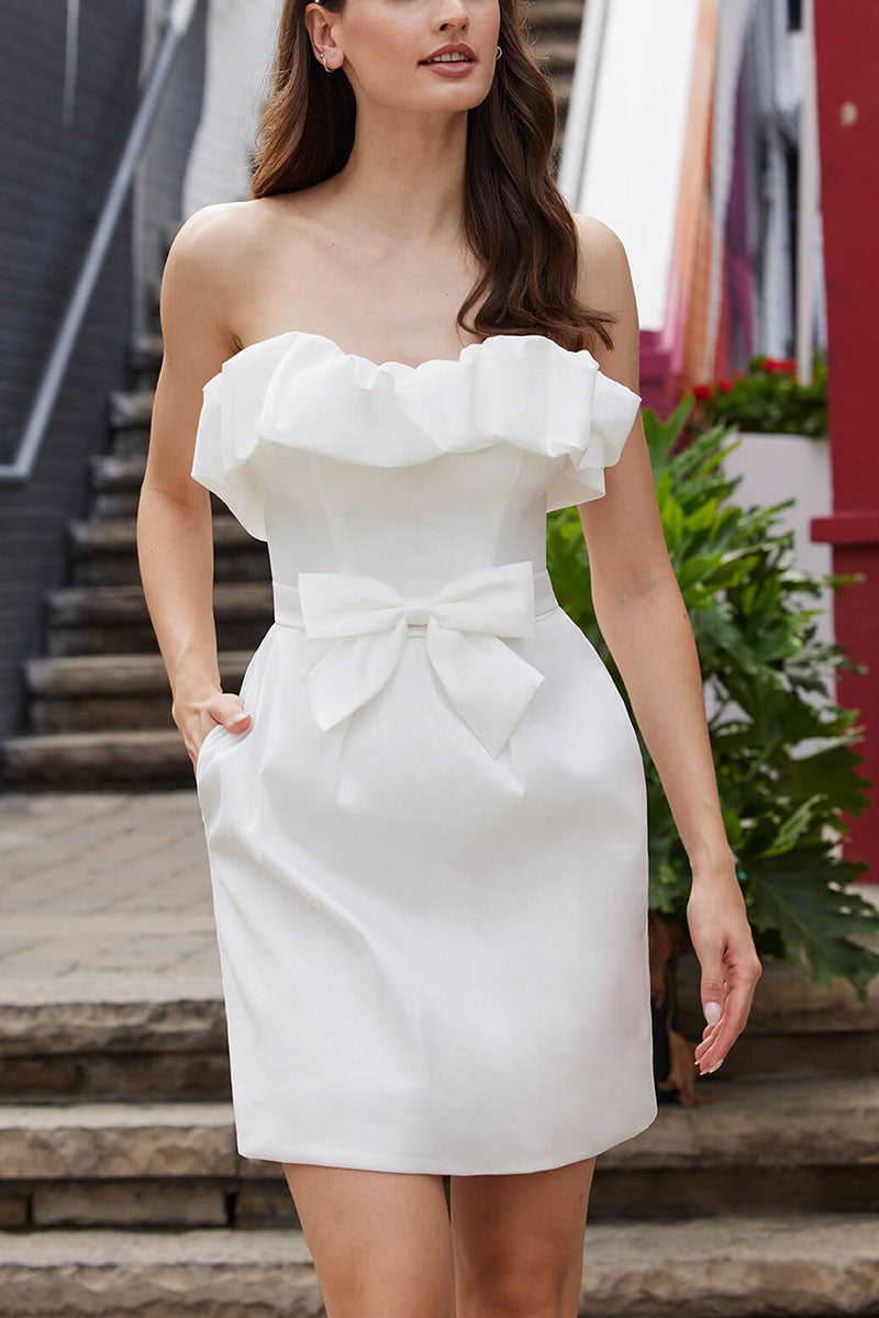 K1683 - Strapless Sleeveless Ruched Satin Sheath Mini Wedding Dress With Bow