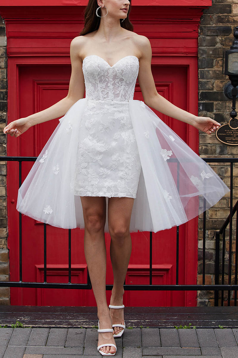 K1686 - Two Piece Sweetheart Strapless Sheer Tulle Sheath Mini Wedding Dress