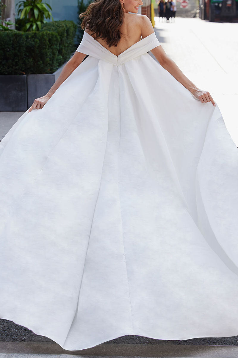 K1689 - Off-Shoulder Strapless Sleeveless Ruched Satin Sheath Mini Wedding Dress