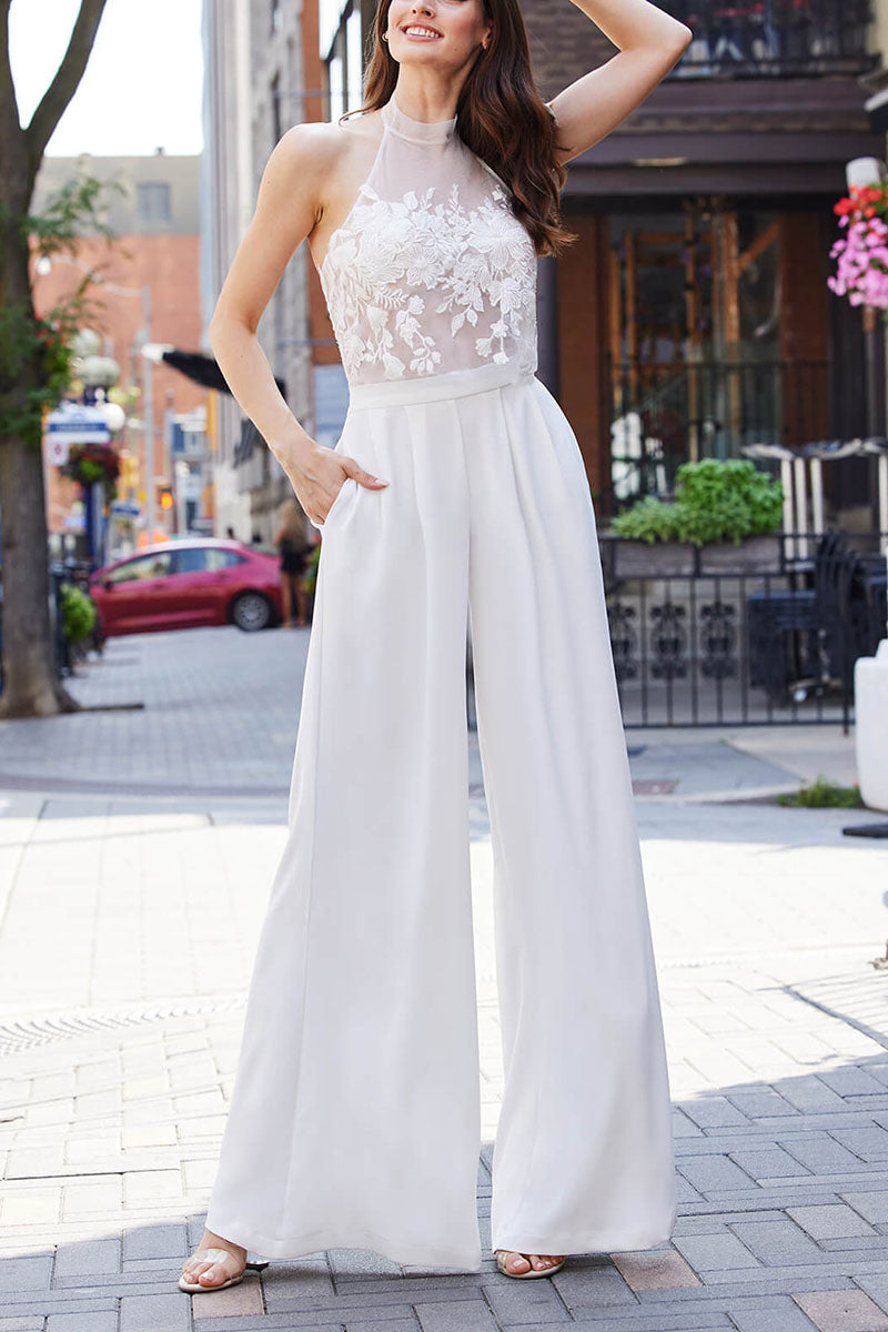 K1691 - Two Piece Halter Sleeveless Sheer Lace Satin A-Line Long Wedding Gown