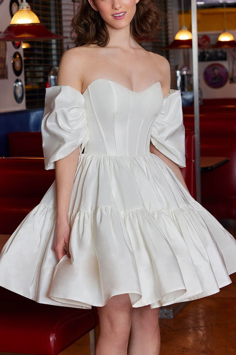 K1692 - Sweetheart Short Sleeves Strapless Ruched Satin A-Line Mini Wedding Dress