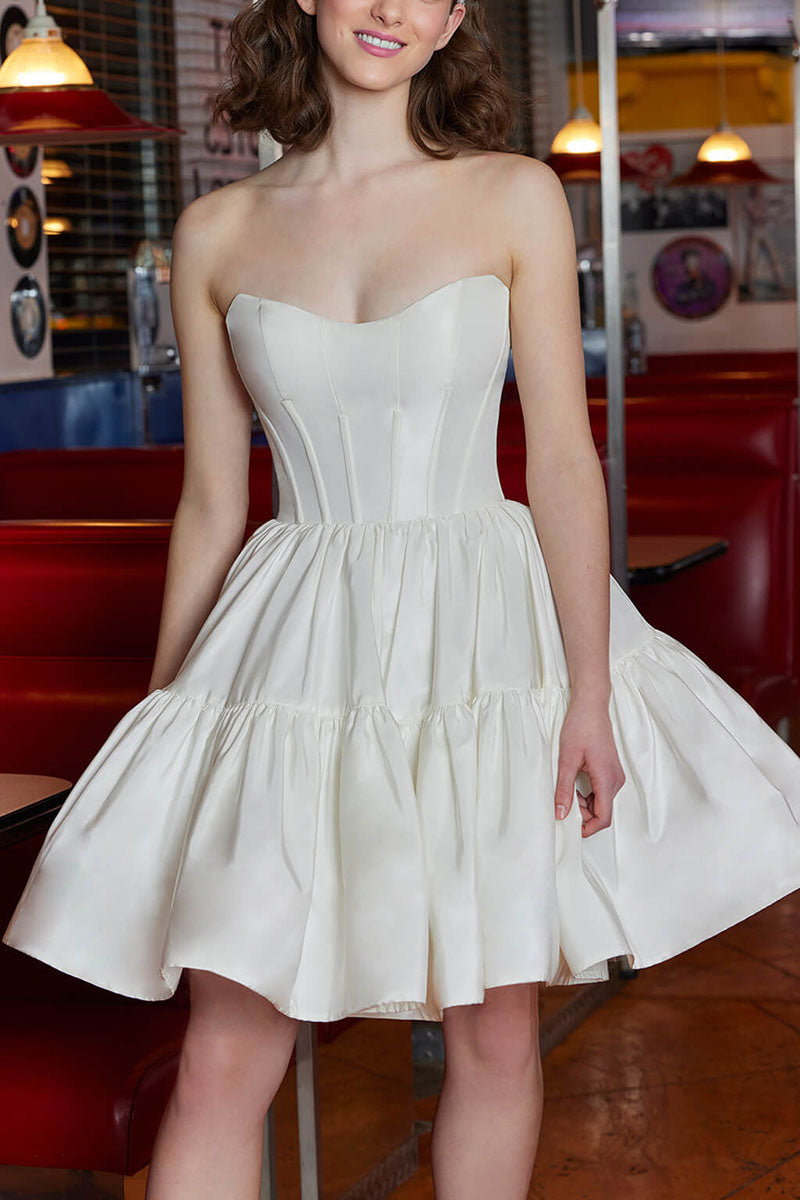 K1692 - Sweetheart Short Sleeves Strapless Ruched Satin A-Line Mini Wedding Dress