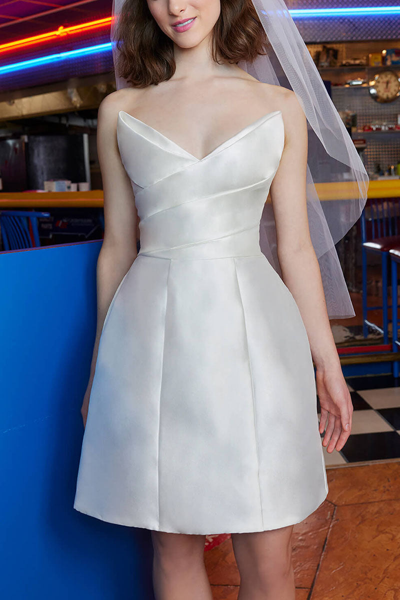 K1695 - V-Neck Strapless Sleeveless Ruched Satin A-Line Mini Wedding Dress