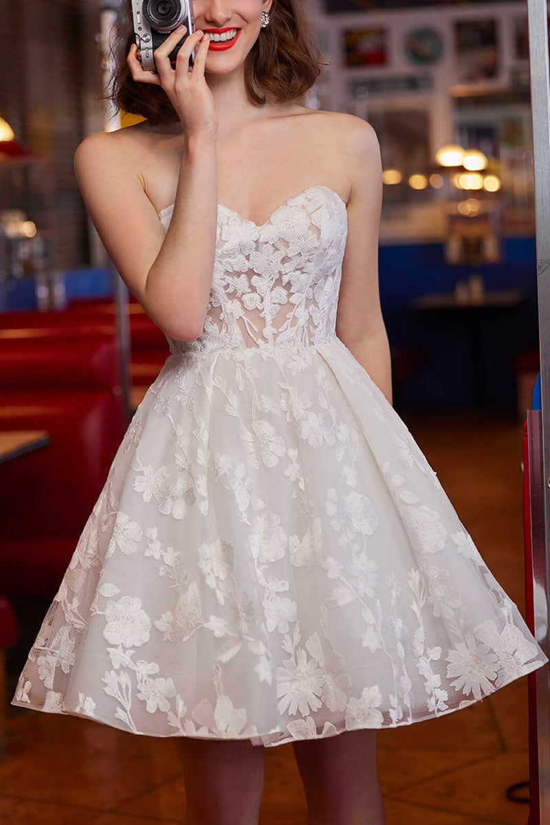 K1696 - Two Piece High Neck Long Sleeves Sheer Lace Tulle A-Line Mini Wedding Dress