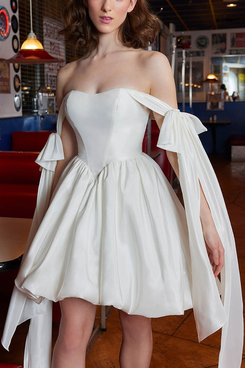 K1700 - Off-Shoulder Sleeveless Ruched Satin A-Line Mini Wedding Dress With Bows