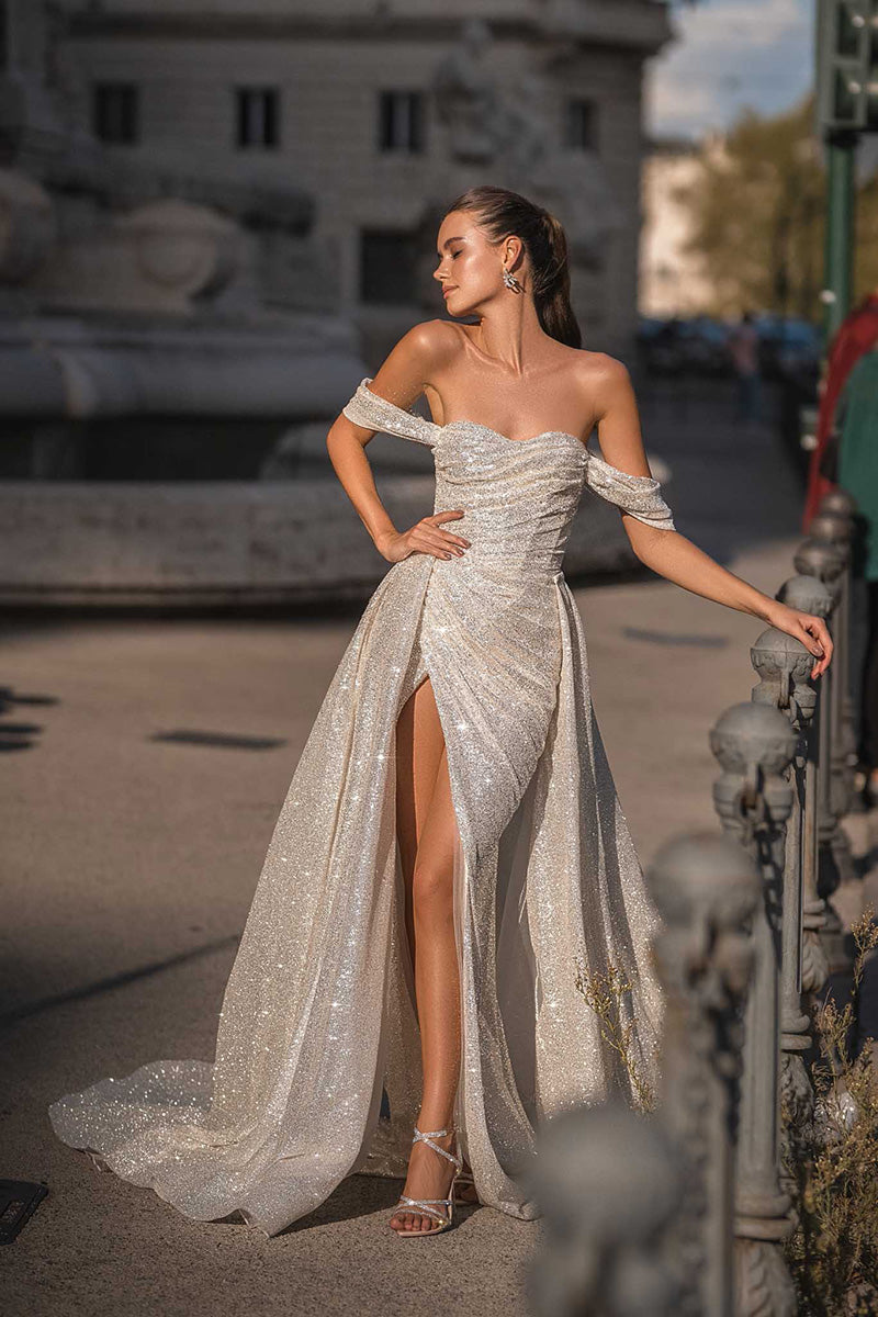 K1702 - Off-Shoulder Sleeveless Ruched Sequined Sheath Long Wedding Dress