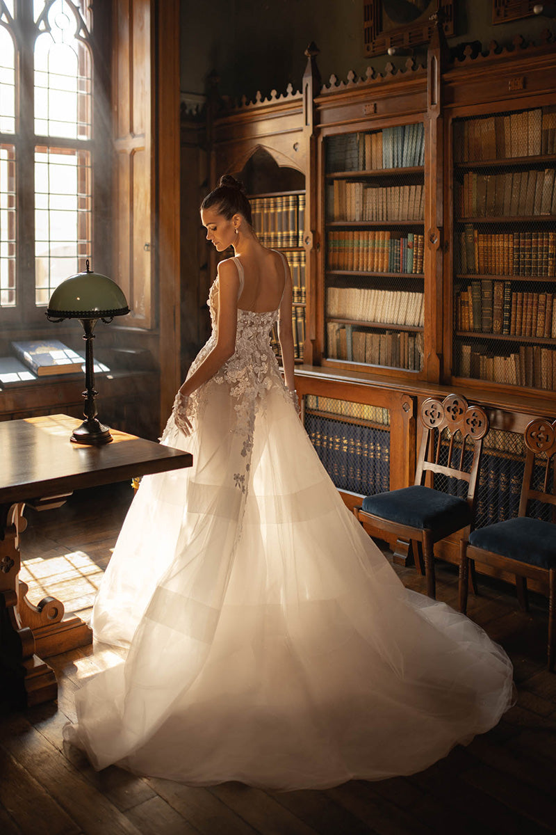 K1705 - Square Neck Sleeveless Appliqued Beaded Sheer Tulle A-Line Long Wedding Dress